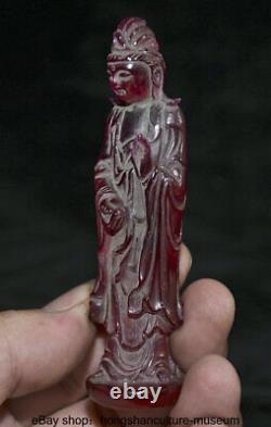 4 Vieux Zircon Rouge Chinois Sculpté Bouddhisme Guanyin Bodhisattva Bouddha Statue