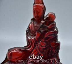 5.2 Chine Ancienne Amber Rouge Sculpté Kwan-yin Guan Yin Déesse Tongzi Boy Statue