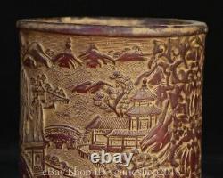 5.6 Old Chinese Red Amber Sculptée Dynasty Paysage Pavillon Brosse Etui De Stylo De Pot