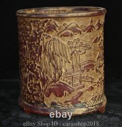 5.6 Old Chinese Red Amber Sculptée Dynasty Paysage Pavillon Brosse Etui De Stylo De Pot