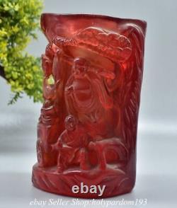 6.4 Ancien pot à pinceaux en ambre rouge chinois sculpté du Bouddha Maitreya rieur Tongzi