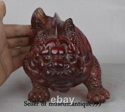 6.4 Vieux Chinois Rouge Ambre Carving Feng Shui Dragon Fish Lucky Sculpture