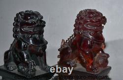 6.8 Chine Rouge Ambre Sculptée Porte De Fu Animaux Lions Bête Statue Paire De Richesse