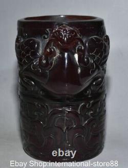 6.8 Vieille Chine Rouge Amber Carving Pixiu Bête Phoenix Pinceau D'oreille Conteneur De Stylo De Pot