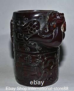 6.8 Vieille Chine Rouge Amber Carving Pixiu Bête Phoenix Pinceau D'oreille Conteneur De Stylo De Pot