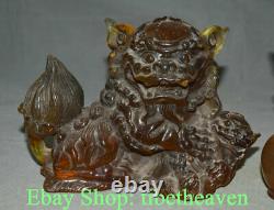 6.8 Vieux Chinois Rouge Ambre Feng Shui Foo Chien Lion Ball Son Sculpture Paire