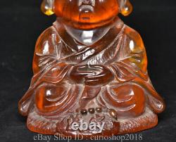 6 Vieille Chine Rouge Amber Sculpté Moine Bouddhiste Rasant Heshang Bouddha Statue