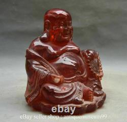7.2 Bouddhisme Chinois Red Amber Siège Sculpté Happy Laugh Maitreya Bouddha Statue