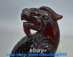 7.2' L'ancienne Chine Rouge Ambre Main Sculpté Feng Shui Pixiu Bête Statue Chanceux