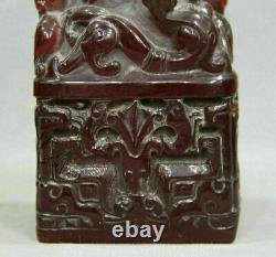 7 Chinese Red Amber Carving Palace Dragon Beast Pixiu Signature Du Sceau