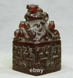 7 Chinese Red Amber Carving Palace Dragon Beast Pixiu Signature Du Sceau
