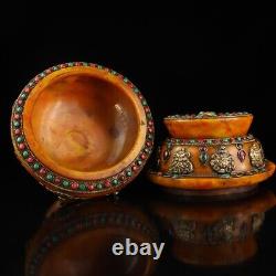 7. Pot en ambre tibétain rare avec incrustation de pierres précieuses de la Chine antique