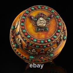 7. Pot en ambre tibétain rare avec incrustation de pierres précieuses de la Chine antique