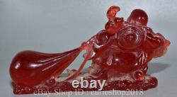 8.2 Chine Rouge Amber Sculpté Heureux Laugh Maitreya Bouddha Sac D'argent Statue