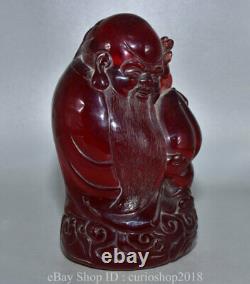 8.2 Vieille Ambre Rouge Chinoise Sculptée Longévité Shooux Dieu Peach Gourd Statue