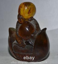 8.4 Ancien Bouddhisme Sculpté D'ambre Rouge Chinois Tongzi Heshang Bouddha Pêche Statue