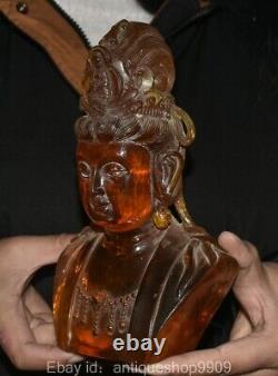 8.4 Ancienne statue sculptée de la tête de la déesse Kwan-yin Guan Yin en ambre rouge de Chine ancienne