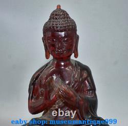 8,4'' La Main Rouge Ambre Sculptée De Chine Antique Statue De Bouddha Skayamuni Amitabha