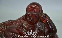 8.4 Rare Rouge Chinois Ambre Carving Happy Laugh Maitreya Bouddha Luck Sculpture C