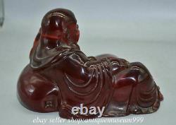 8.4 Rare Rouge Chinois Ambre Carving Happy Laugh Maitreya Bouddha Luck Sculpture C