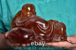 8 Ancienne sculpture de statue de Bouddha Maitreya sculptée en ambre rouge chinois.