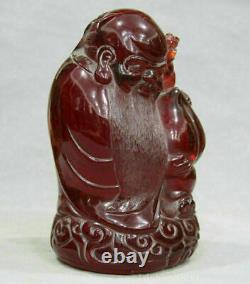 9 Chinois Rouge Amber Carving Feng Shui Dieu De Longévité Tenir Pêche Sculpture
