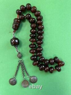 Ancienne Ottoman Damari Faturan Cerise Ambre Bakélite Perles De Prière Islamiques 38g R