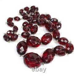 Antique Art Déco Genuine Cherry Amber Bakelite Faceted Beads Long Necklace 62g