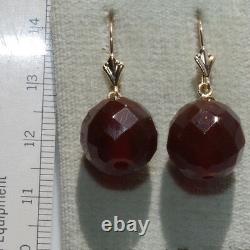 Antique Authentique 14k Or 11mm Faceted Cherry Amber Lever Boucles D’oreilles Arrière