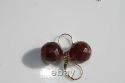 Antique Authentique 14k Or 11mm Faceted Cherry Amber Lever Boucles D’oreilles Arrière