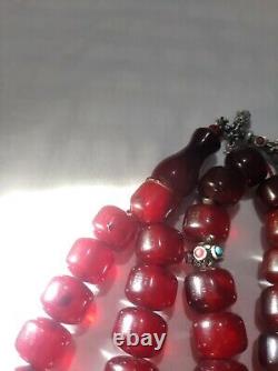 Antique Authentique Faturan Bakelite Cerise Ambrée Veines Perles De Prière 105 Gr