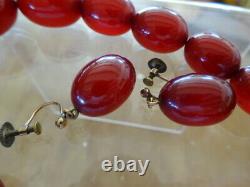 Antique Cherry Amber Bakelite (faturan) Collier De Perles & Boucles D’oreilles 70g
