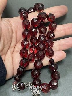 Antique Cherry Amber Facetted Faturan Bakalite - Prière Islamique 33 Perles 51g R3