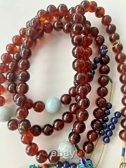 Antique Chine Chinoise Red Amber Court Collier Qing Dynasty Lapis Lazuli