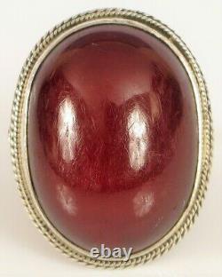 Antique Chinois Argent Sterling Grande Cerise Rouge Naturel Ambre Anneau 6 Grams Fine