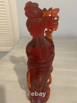 Antique Chinois Oriental Cherry Bakelite Statue Ambre 11-3/4 Grand