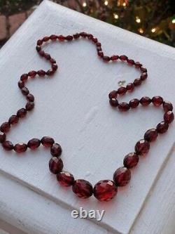 Antique Deco Cherry Amber Bakelite Faceted Beads Long Bead Necklace Edwardian