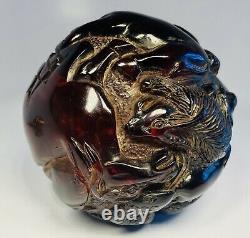 Antique Des Années 1920 Chinois Main-sculptée Cerise Ambre Zodiac Animals Ball Ornament