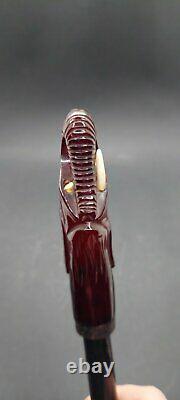Antique Faturan Cherry Amber Bakelite Poignée Bâton De Marche Sculpté
