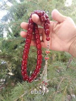 Antique Faturan Veines Rouges Cherry Amber Bakelite Véritable Allemagne Perles De Prière
