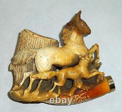 Antique Meerschaum 11 Smoking Pipe Carved Horse & Wolf Dog & Cherry Amber Stem