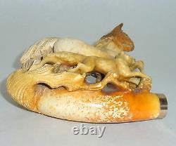 Antique Meerschaum 11 Smoking Pipe Carved Horse & Wolf Dog & Cherry Amber Stem