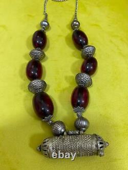 Antique Old Bakelite Red Amber Alpaca Metal Handmade Necklace Amulet Pendentif Utilisation