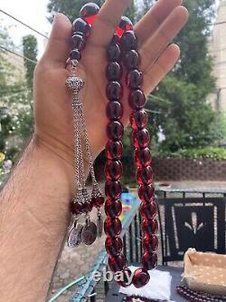 Antique Ottoman Faturan Rosaire Cerise Feu Amber Bakelite Perles De Prière Original