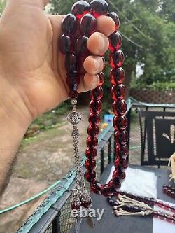 Antique Ottoman Faturan Rosaire Cerise Feu Amber Bakelite Perles De Prière Original