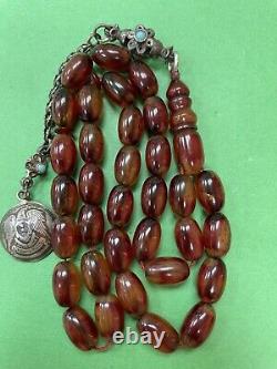Antique Pelé Damari Faturan Cerise Ambre Bakelite Perles De Prière Islamique 31g R1