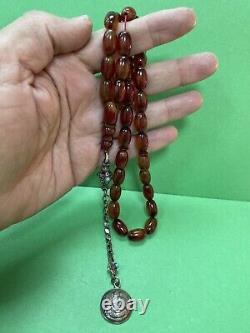 Antique Pelé Damari Faturan Cerise Ambre Bakelite Perles De Prière Islamique 31g R1