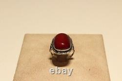Antique Rare Nice Hand Made Solid Silver Ladies Ring Avec Cerise Amber