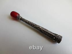 Antique Vintage Argent Filigrane Rouge Ambre Fumoir Cigarette-holder Rare