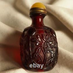 Antiquité Chinoise Signée Handcarved Cherry Amber Snuff Bottle Lotus Calligraphie